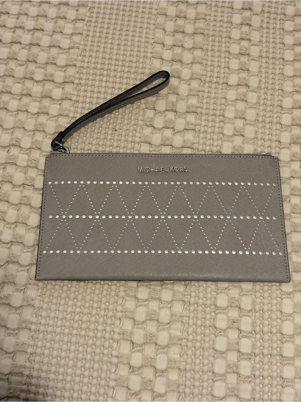 Michael Kors Silver-Gray Studded Saffiano Wristlet